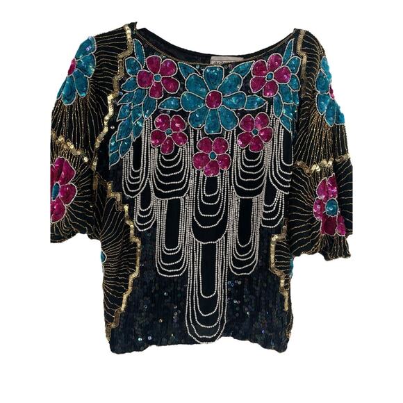 1980s Vintage Chanson D’Amour Sequined Beaded Top Silk Black Floral size Small - Picture 2 of 15